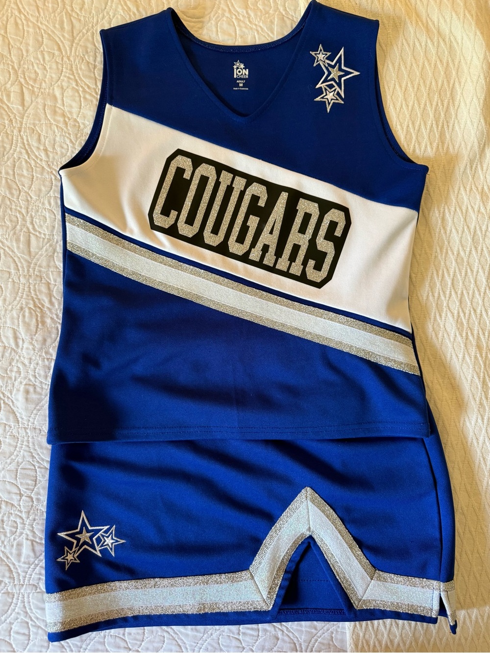Adult Medium Blue White Silver Cougars
Cheer Suit Cheerleading Outfit 2 Piece